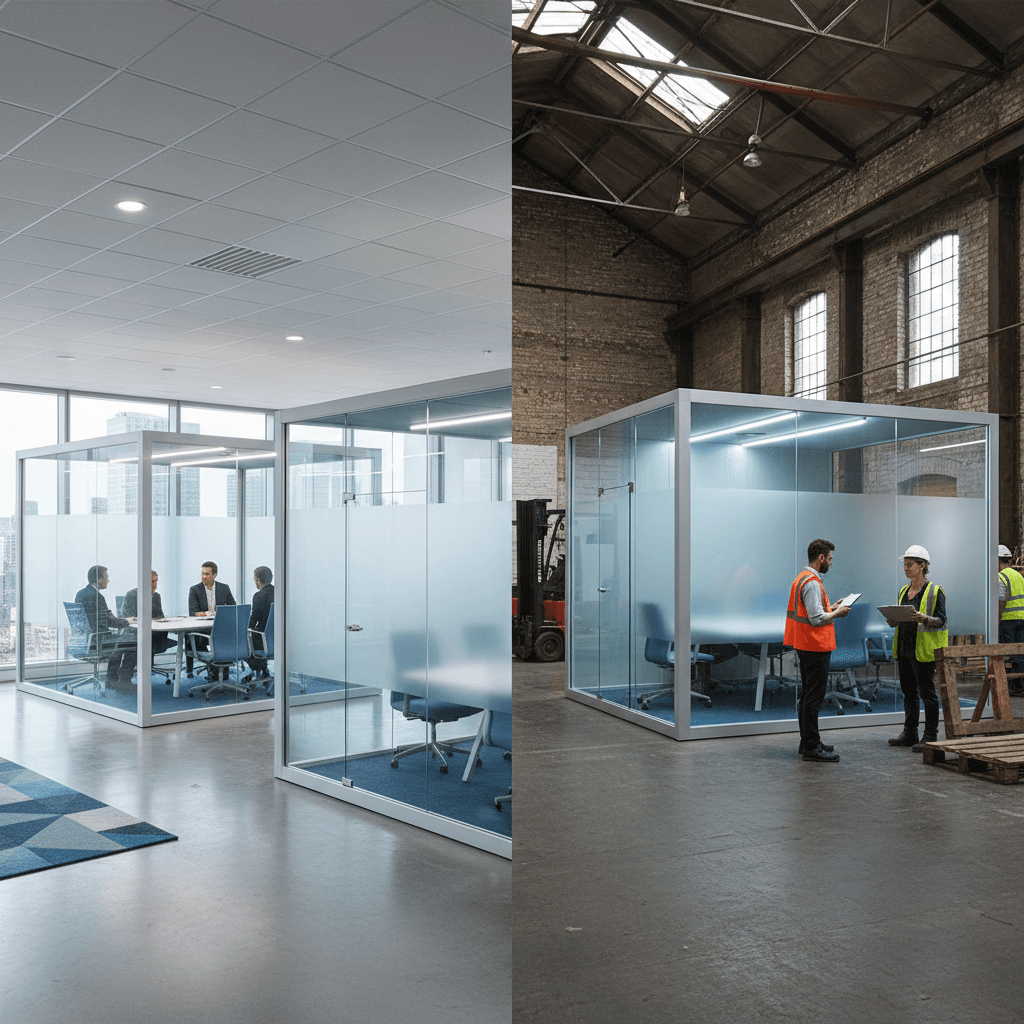 Modular conference room installed in various commercial environments including offices and industrial settings