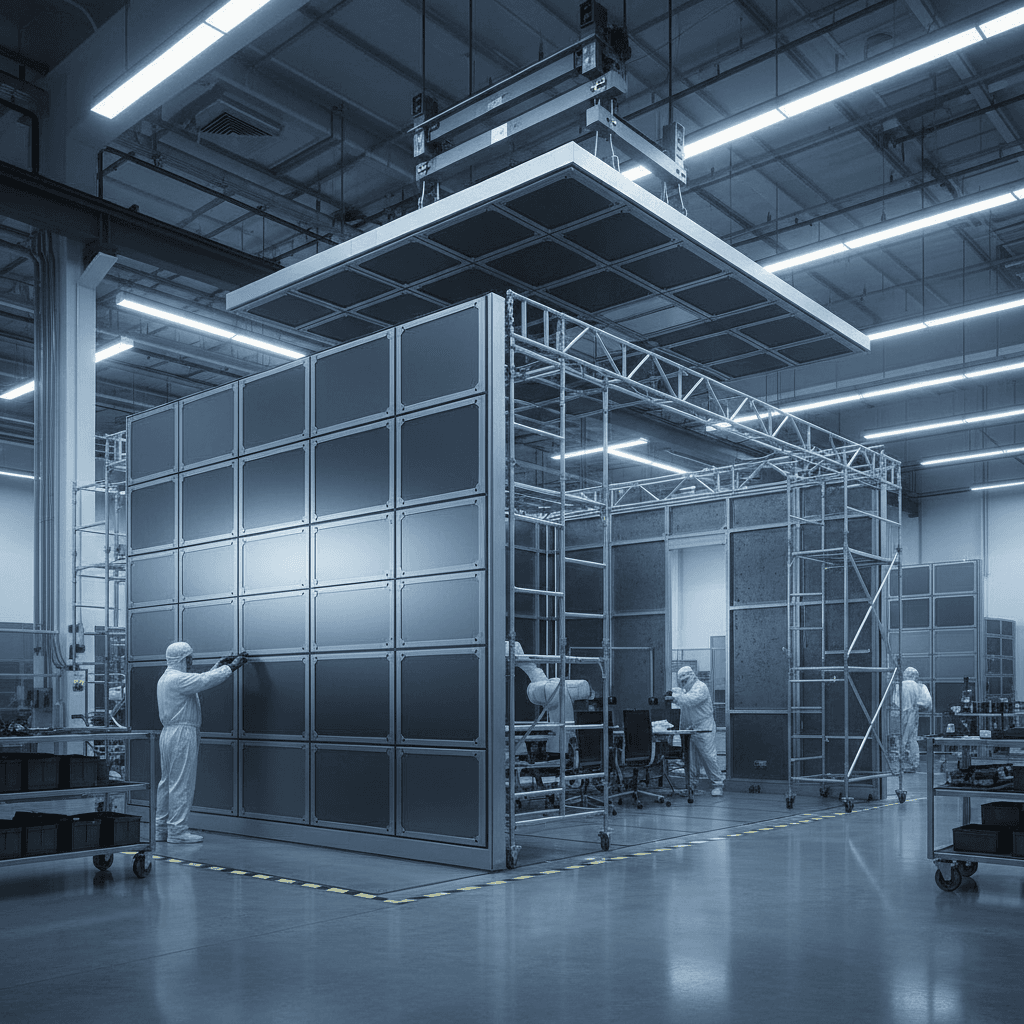 Exterior view of a modular conference room showing clean architectural lines and glass wall systems