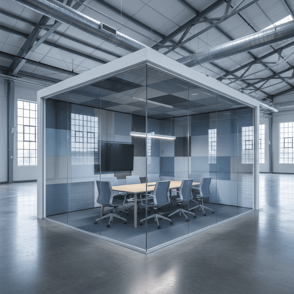 Modern modular conference room with glass walls, professional lighting, and ergonomic furniture in a corporate office setting