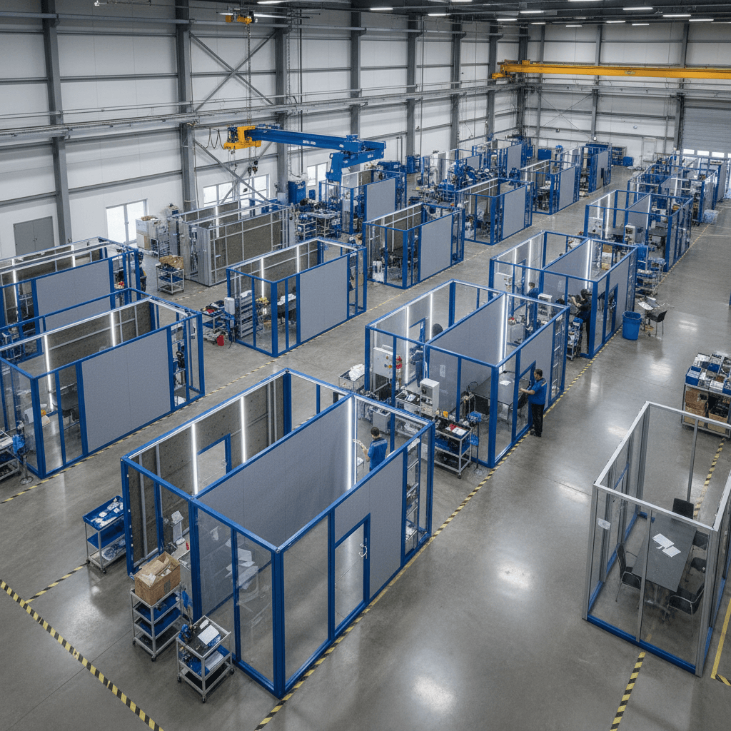 Modular conference room installation process showing prefabricated panels being assembled into a complete meeting space